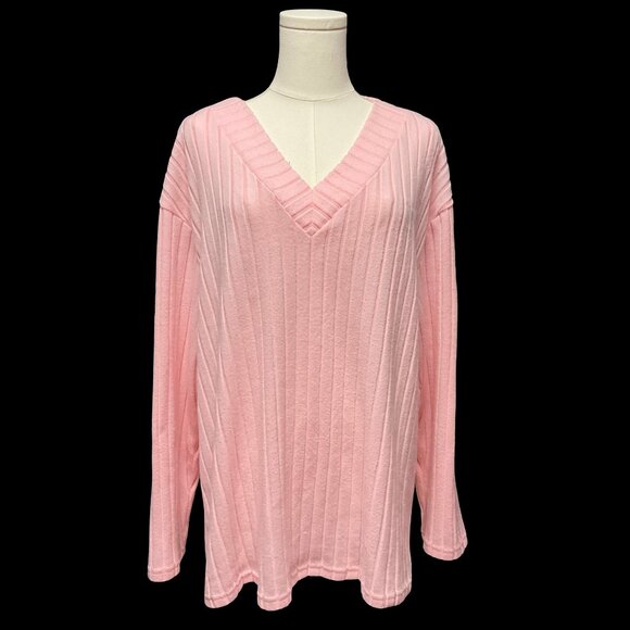 Pink Ribbed Knit V-Neck Sweater - Picture 1 of 2